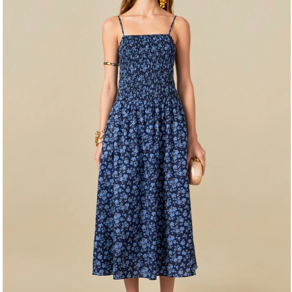 English Factory Blue Floral Print Smocked Midi Dress
